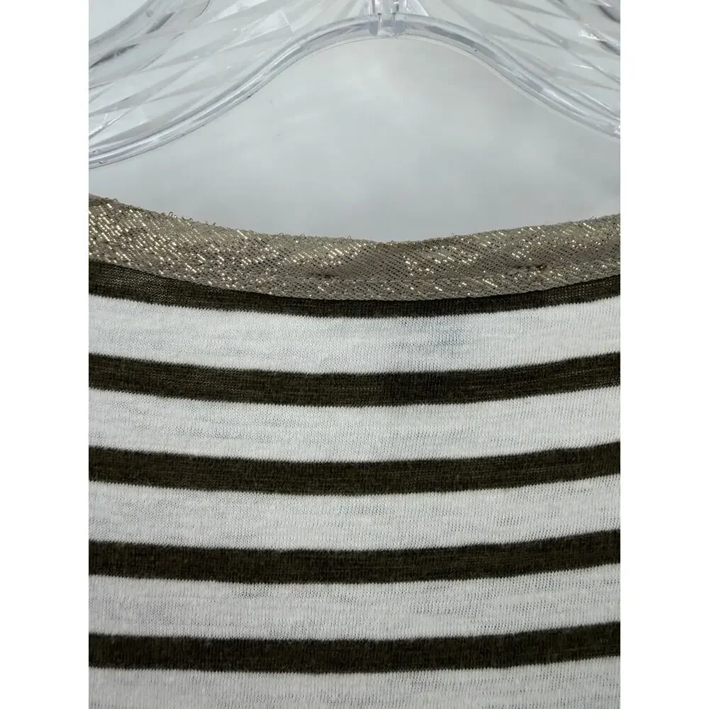 J. Crew Women’s Short Sleeve Striped Tee Olive Ivory Metallic Collar Size XL